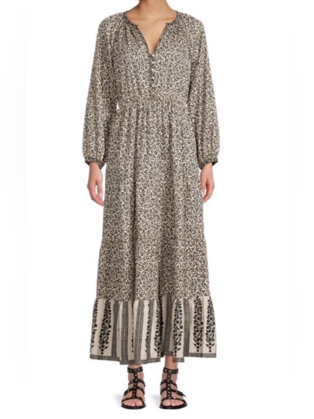 New Faherty Phobe Block Floral Maxi Dress SZ M Wildwood Vines Beige Black
